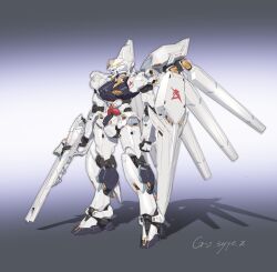  absurdres beam_rifle char&#039;s_counterattack char&#039;s_counterattack_-_beltorchika&#039;s_children commentary energy_gun fin_funnels full_body fusion green_eyes gun gundam hi-nu_gundam highres holding holding_gun holding_weapon mecha mobile_suit no_humans nu_gundam redesign robot science_fiction shield solo v-fin weapon z-y- 