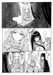  1boy 2girls alternate_costume alternate_hairstyle blue_archive blunt_bangs blush braid closed_eyes coat doodle_sensei_(blue_archive) expressionless gloves greyscale hair_behind_ear hair_ornament hairclip halo highres long_hair looking_at_another monochrome multiple_girls rio_(blue_archive) sensei_(blue_archive) short_hair shougun_(chuckni1) skirt_hold squatting staring toki_(blue_archive) trench_coat 
