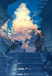  1girl :d ^_^ architecture arm_tattoo artist_name asymmetrical_legwear bake-danuki_(genshin_impact) bandaged_arm bandaged_leg bandages blonde_hair blue_sky bracelet bucket building chest_sarashi choker closed_eyes cloud commentary_request cumulonimbus_cloud day east_asian_architecture fingernails fireworks flower genshin_impact geta hadanugi_dousa hair_ornament high_ponytail highres holding holding_fireworks hydrangea japanese_clothes jewelry kimono kippeijii leaf musical_note nail_polish open_kimono open_mouth orange_kimono orange_nails outdoors plant ponytail profile red_choker rope sandals sarashi scenery shimenawa short_kimono short_sleeves single_sidelock single_sock single_thighhigh sky smile socks solo sparkler squatting stairs stone_lantern stone_stairs tanuki tassel tattoo teeth thighhighs twitter_username uneven_legwear upper_teeth_only yoimiya_(genshin_impact) 