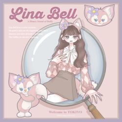  1girl animal_ears animification brown_hair duffy_and_friends flower fox fox_girl full_body hair_flower hair_ornament highres holding humanization linabell long_hair looking_at_viewer magnifying_glass purple_flower shirt solo wb_mjr 