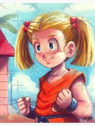  1girl blonde_hair blue_eyes dougi dragon_ball happy marron_(dragon_ball) ready_to_train smile solo 