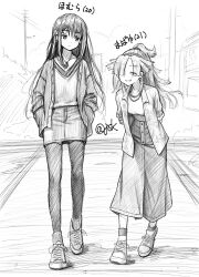  2girls absurdres akemi_homura aki_mabayu alternate_hairstyle bead_necklace beads black_outline closed_eyes full_body graphite_(medium) grey_outline greyscale hand_in_pocket highres jewelry juudo_ni_seiheki_kojireta_madoka_suki kishimen_hair looking_at_another magia_record:_mahou_shoujo_madoka_magica_gaiden mahou_shoujo_madoka_magica monochrome multiple_girls necklace outline ponytail smile traditional_media white_background 