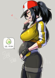 10s 1girl :d ass backpack bag baseball_cap belt black_hair black_pantyhose blush breasts egg female_focus female_protagonist_(pokemon_go) fingerless_gloves gloves green_eyes hat heart large_breasts leggings mikoyan nintendo open_mouth pantyhose pokemon pokemon_go ponytail pregnant shorts simple_background smile solo standing stomach_bulge rating:Questionable score:150 user:tesseractive