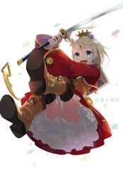  1girl black_thighhighs blonde_hair blue_eyes blue_flower boots commentary copyright_name cropped_jacket crown dress flower frilled_dress frills full_body hair_flower hair_ornament highres holding holding_sword holding_weapon jacket katana kuroda_(kuro_yyy) layered_dress long_hair open_clothes open_jacket open_mouth print_boots pupuru_(sei_madou_monogatari) red_dress red_jacket sei_madou_monogatari smile solo star_(symbol) star_print striped_clothes striped_thighhighs sword teeth thighhighs thighs undershirt upper_teeth_only vertical-striped_clothes vertical-striped_thighhighs weapon white_background wide_sleeves yellow_boots 