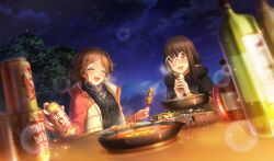  2girls :d ^_^ black_hair black_jacket blurry braid breath brown_hair can chopsticks cinderella_series closed_eyes crossover cup depth_of_field drink_can dutch_angle game_cg glass_bottle glasses hachigatsu_no_cinderella_nine highres holding holding_can holding_cup holding_skewer jacket kakehashi_momoko lens_flare light_particles long_hair long_sleeves mount_fuji multiple_girls night night_sky non-web_source official_art open_mouth outdoors round_eyewear scarf short_hair sidelocks single_braid skewer sky smile sparkle star_(sky) starry_sky toba_minami winter_clothes yurucamp 