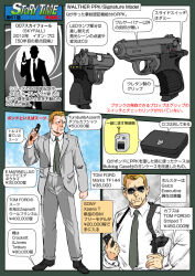  007 1boy blonde_hair business_suit english_text formal_clothes gun handgun holster james_bond james_bond_(series) japanese_text muta_koji necktie pistol pocket_pistol rifling skyfall story_time_(muta_koji) suit sunglasses translation_request walther walther_ppk weapon weapon_focus weapon_name weapon_profile 