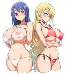 10s 2girls bare_shoulders bikini blonde_hair blue_eyes blue_hair blush braid breast_hold breast_suppress breasts choker claire_harvey cleavage covered_erect_nipples cropped_legs female_focus groin highres huge_breasts hundred_(light_novel) inverted_nipples kashiwagi_miharu large_breasts long_hair looking_at_viewer mole mole_under_eye multiple_girls navel nipples ookuma_nekosuke open_mouth purple_eyes red_bikini see-through_clothes side-tie_bikini_bottom side_braid simple_background smile standing swimsuit underboob white_background white_bikini wide_hips rating:Questionable score:271 user:DarthDaniel96