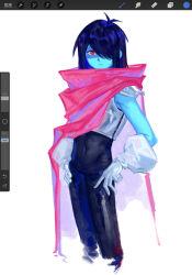  1other antenna_hair art_program_in_frame black_bodysuit blue_hair blue_skin bodysuit bodysuit_under_clothes cloak colored_skin covered_navel deltarune expressionless feet_out_of_frame gloves hair_over_one_eye highres kris_(dark_world)_(deltarune) kris_(deltarune) looking_at_viewer moyi7239 one_eye_covered other_focus pink_cloak red_eyes shaded_face short_hair solo standing swept_bangs white_background white_gloves 