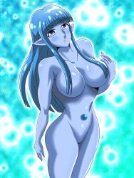  1girl blue_eyes blue_hair blue_skin breasts colored_skin convenient_censoring female_focus hair_censor hair_over_breasts highres inabakun00 large_breasts long_hair looking_at_viewer matching_hair/eyes no_pussy nude open_mouth original pointy_ears shiny_skin solo standing water_spirit_(inaba) 