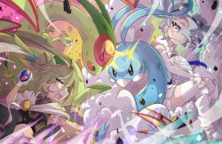  2girls 2others altaria anger_vein angry armpits battle bird blue_bird cape claws crop_top crossed_legs detached_sleeves dragon dragon_wings fighting flygon flying_miku_(project_voltage) gen_3_pokemon gloves gold_armlet green_hair grey_eyes grey_hair ground_miku_(project_voltage) hair_bun hair_over_one_eye hatsune_miku holding holding_poke_ball long_hair long_sleeves midriff multiple_girls multiple_others nintendo official_alternate_costume official_alternate_hairstyle open_mouth poke_ball pokemon pokemon_(creature) project_voltage see-through_clothes see-through_sleeves shirt shorts single_glove sleeveless sleeveless_shirt stomach the_land_druid twintails vocaloid white_cape white_gloves white_shorts wings 