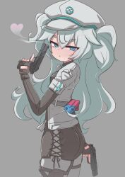  1girl absurdres black_dress black_gloves blue_eyes blue_hair blush bored breasts commentary_request cross-laced_clothes cross-laced_dress dress dual_wielding elbow_gloves expressionless fingerless_gloves florence_(girls&#039;_frontline_2) girls&#039;_frontline girls&#039;_frontline_2:_exilium gloves gun hair_between_eyes hand_up hat heart heart-shaped_pupils highres holding holding_gun holding_weapon holster jacket long_hair looking_at_viewer looking_back mab_pa-15 open_clothes open_jacket pa-15_(girls&#039;_frontline) pantyhose parted_lips player193 small_breasts solo symbol-shaped_pupils thigh_holster very_long_hair weapon white_hat white_jacket 