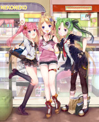 3girls :d absurdres ahoge amatou_cacao animal_ears apple_hair_ornament bag bare_shoulders bear_ears black_socks blonde_hair blue_eyes boots butterfly_hair_ornament capri_pants cat_ears collar fingerless_gloves food-themed_hair_ornament full_body girl_sandwich gloves green_hair hair_ornament hair_ribbon hand_on_another&#039;s_shoulder hand_on_own_hip handbag highres kneehighs loafers long_hair looking_at_viewer looking_up mall multiple_girls necktie off-shoulder off-shoulder_sweater off_shoulder open_mouth original pants petticoat pink_hair plaid_clothes plaid_skirt purple_eyes ribbon sandwiched shoes shop shopping shopping_bag shorts skirt smile socks standing standing_on_one_leg sweater thigh_strap twintails very_long_hair rating:Sensitive score:4 user:danbooru