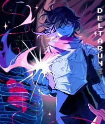  1other armor armored_gloves black_bodysuit black_hair blue_skin bodysuit chicheesticks colored_skin deltarune glowing hair_over_eyes highres holding holding_sword holding_weapon kris_(deltarune) medium_hair other_focus red_scarf ribs scarf shoulder_armor star_(sky) string string_of_fate sword weapon wings 