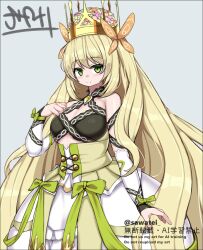  1girl bow butterfly_hair_ornament celine_(fire_emblem) crown dress dress_bow fire_emblem fire_emblem_engage gem green_bow green_eyes hair_ornament long_hair nintendo orange_gemstone orange_trim princess sawati very_long_hair wrist_bow yellow_dress 