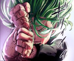 1girl black_dress blood clenched_hands colorized commentary curly_hair derivative_work dress english_commentary floating_hair foreshortening green_eyes green_hair long_sleeves looking_at_viewer murata_yuusuke one-punch_man outstretched_arms portrait r1ndie sidelighting smile solo sound_effects tatsumaki twitter_username veins rating:General score:40 user:danbooru