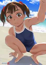  1girl barefoot beach blue_one-piece_swimsuit blue_sky breasts brown_eyes brown_hair cloud day horizon mu-pyon ocean one-piece_swimsuit one-piece_tan original outdoors reaching reaching_towards_viewer sky small_breasts solo squatting swimsuit tan tanline twintails 
