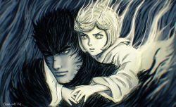  1boy 1girl aki_(akistrike) artist_name berserk black_hair closed_mouth commentary darkness english_commentary grabbing_from_behind guts_(berserk) looking_to_the_side one_eye_closed schierke_(berserk) serious short_hair soul spiked_hair spirit  rating:General score:14 user:danbooru