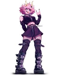 1girl :p absurdres alternate_costume ashido_mina bare_shoulders black_nails black_sclera black_skirt black_thighhighs boku_no_hero_academia boots breasts colored_sclera colored_skin full_body hand_up hhholic highres horns knee_boots looking_at_viewer nail_polish pink_hair pink_skin short_hair simple_background skirt smile solo standing teeth thighhighs tongue tongue_out white_background rating:Sensitive score:44 user:danbooru