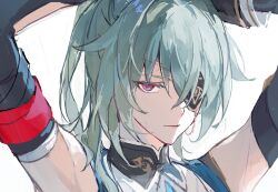  1boy anaxa_(honkai:_star_rail) aqua_hair arms_up blue_eyes eyepatch hair_between_eyes half-closed_eyes highres honkai:_star_rail honkai_(series) looking_at_viewer male_focus mandarin_collar one_eye_covered parted_lips pink_eyes simple_background solo sweat unfinished upper_body ven0305 white_background 