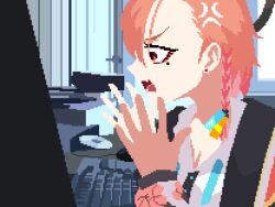  1girl anger_vein angry_german_kid blackredhat blue_archive braid cd collared_shirt computer earrings from_side hands_up highres indoors jewelry computer_keyboard long_sleeves meme mole mole_under_eye neru_(blue_archive) open_mouth orange_hair pixel_art profile red_eyes shirt short_hair side_braid single_braid solo stud_earrings upper_body v-shaped_eyebrows white_shirt window 
