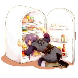  00s 1boy 241543903 bad_id bad_pixiv_id boots bottle can food grey_boots knee_boots koma_tori male_focus meme purple_hair refrigerator seiza sitting solo tales_of_(series) tales_of_vesperia yuri_lowell 
