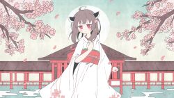  1girl ahoge akashia_(akasia313) architecture blush_stickers brown_hair building cherry_blossoms cherry_tree closed_mouth commentary east_asian_architecture facing_viewer falling_petals flat_chest flower green_sky hair_flower hair_ornament hand_on_own_chest highres japanese_clothes kanzashi kimono looking_down looking_to_the_side medium_hair obi obiage obijime official_art petals red_eyes sakura_kasumi_no_kaeshi_uta sash sky solo tassel touhoku_kiritan voiceroid water white_kimono 