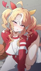  1girl :d ahoge animal_ears ball basketball_(object) blonde_hair blush breasts commentary_request commission ear_covers fusaichi_pandora_(umamusume) gym_storeroom heart highres horse_ears horse_girl horse_tail jacket large_breasts looking_at_viewer mismatched_ear_covers nel-c open_mouth red_eyes red_jacket red_track_suit skeb_commission smile socks solo tail tracen_training_uniform track_jacket track_suit twintails umamusume white_socks 