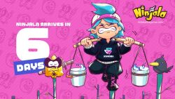  2boys ankle_boots aqua_hair backwards_hat balancing bamboo baseball_cap bird black_bird black_boots black_hood black_hoodie blue_shorts blue_sleeves boots bucket bucket_of_water character_background child clenched_teeth closed_mouth commentary copyright_name copyright_notice countdown creature crow english_commentary facial_scar full_body gumchi gungho halftone halftone_background hat holding holding_pole hood hood_down hoodie kappei_(ninjala) lace-up_boots logo logo_print medium_hair multiple_boys ninjala official_art pink_background pole polka_dot puffy_shorts rianti-wong rope scar scar_on_cheek scar_on_face second-party_source shinai shorts shuriken standing standing_on_one_leg sword teeth triangle_print water watermark weapon web_address white_hat 