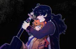  1boy 1girl 79x_(ox79xo) ace_attorney athena_cykes bags_under_eyes black_background black_eyes black_hair black_jacket black_pantyhose blue_hairband blue_necktie closed_mouth cuffs hairband haori highres holding holding_sheath holding_sword holding_weapon jacket japanese_clothes katana knees_up long_hair long_sleeves necktie orange_hair pantyhose phoenix_wright:_ace_attorney_-_dual_destinies ponytail purple_eyes shackles sheath shirt simon_blackquill skirt sword unsheathing upper_body weapon white_shirt yellow_jacket yellow_skirt 