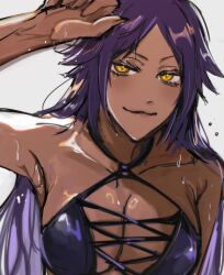 1girl bare_shoulders bikini bleach bleach:_brave_souls bleach:_sennen_kessen-hen breasts collarbone dark-skinned_female dark_skin female_focus hair_down highres large_breasts long_hair namahamumn official_alternate_costume parted_bangs purple_hair shihouin_yoruichi shiny_skin smile swimsuit wet yellow_eyes