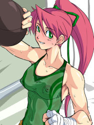  1girl arm_up armpits bandages bare_shoulders blush breasts collarbone covered_erect_nipples covered_navel female_focus green_eyes green_shirt hair_between_eyes hair_ribbon hand_wraps holding indoors kojima_satomi kondou_makoto large_breasts long_hair long_image looking_at_viewer muscular nipples parted_lips pink_hair ponytail punching_bag qkat_(arikawa-dou) red_hair ribbon see-through_clothes shadow shiny_skin shirt smile solo standing sweat sweat_stain tall_image tank_top upper_body wrestle_angels  rating:Questionable score:22 user:danbooru