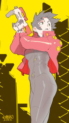  1girl absurdres ass black_bodysuit black_hair bodysuit breasts cropped_jacket cyberpunk_(series) cyberpunk_2077 cyborg flat_ass from_side green_eyes gun highres holding holding_gun holding_weapon jacket large_breasts mechanical_hands navel norasuko open_clothes open_jacket short_hair sketch weapon  rating:Sensitive score:23 user:danbooru