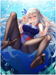  1girl absurdres blue_background blue_eyes blue_one-piece_swimsuit blush breasts brown_pantyhose cang_se_ye_hua cleavage collarbone covered_erect_nipples double_v eyelashes feet flower full_body gradient_background grey_hair hair_flower hair_ornament hands_up highres impossible_clothes impossible_swimsuit large_breasts legs lexington_(warship_girls_r) licking_lips long_hair looking_at_viewer no_shoes one-piece_swimsuit pantyhose pantyhose_under_swimsuit red_one-piece_swimsuit smile soles solo swimsuit thighband_pantyhose thighs toe_seam toenails toes tongue tongue_out two-tone_swimsuit underwater v very_long_hair warship_girls_r 