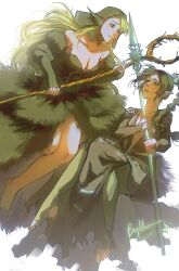  2girls ambrosia_(dungeon_meshi) baldur&#039;s_gate baldur&#039;s_gate_3 bare_legs barefoot black_hair blonde_hair breasts cleavage crossover detached_hood dungeon_meshi dungeons_&_dragons dungeons_&amp;_dragons elf green_eyes highres holding holding_polearm holding_staff holding_weapon mage_staff marcille_donato marcille_donato_(lord) merianaka multi-tied_hair multiple_girls pointy_ears polearm ponytail shadowheart_(baldur&#039;s_gate) spear species_connection staff trait_connection weapon 