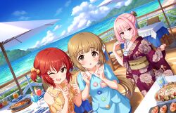  3girls beach beach_umbrella blue_hair bow brown_eyes brown_hair cloud cup drinking_glass drinking_straw floral_print food fork game_cg hair_bow hands_up heart idolmaster idolmaster_cinderella_girls idolmaster_cinderella_girls_starlight_stage japanese_clothes kimono mountainous_horizon multicolored_hair multiple_girls murakami_tomoe official_art one_eye_closed open_mouth pink_eyes pink_hair railing red_eyes red_hair smile spoon twintails umbrella water wine_glass wooden_floor yorita_yoshino yumemi_riamu 