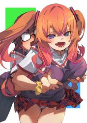  1boy 1girl agatsuma_makina akutsu_eita android blue_eyes blush breasts brown_hair carrying clothes_lift eyeless_male fang femdom glasses grabbing_another&#039;s_breast grabbing_another&#039;s_hand grabbing_from_behind groping kakushite!_makina-san!! large_breasts long_hair lower_teeth_only multicolored_eyes no_eyes open_mouth orange_hair panties purple_eyes robot school_uniform shota simple_background size_difference skirt skirt_lift smile tall_female teeth twintails two-tone_eyes underwear vest white_background 