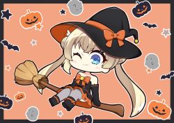  1girl ;) absurdres alternate_costume aoniku_yaris bat_wings black_boots black_border black_dress black_gloves black_hat blonde_hair blue_eyes blush_stickers boots border bow broom broom_riding chibi chibi_only closed_mouth commentary crossed_bangs dress dress_bow elbow_gloves eyes_visible_through_hair frilled_dress frills full_body gloves grey_thighhighs hair_between_eyes hair_bow hair_ornament halloween halloween_costume happy hat highres jack-o&#039;-lantern long_hair looking_at_viewer one_eye_closed orange_background orange_bow outline shirayuki_noa simple_background sitting smile solo star_(symbol) strapless strapless_dress tareme tenshi_souzou_re-boot! thighhighs twintails very_long_hair white_outline wing_hair_ornament wings witch witch_hat 