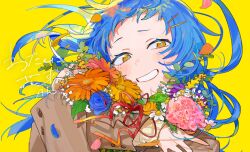  1girl ado_(utaite) blue_hair bouquet commentary_request floating_hair flower hair_ornament hairclip hassan_(sink916) long_hair long_sleeves looking_at_viewer mole mole_under_eye official_art open_mouth second-party_source simple_background solo song_name watashi_ni_hanataba yellow_background yellow_eyes 