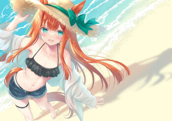  1girl absurdres alternate_costume animal_ears bare_legs bare_shoulders barefoot beach bikini bikini_under_clothes black_bikini blue_eyes blue_shorts blunt_bangs blunt_ends bow breasts buttons chickenbstrip cleavage comiket_106 commentary_request day denim denim_shorts dot_nose ears_through_headwear eyelashes flat_chest foot_out_of_frame frilled_bikini frills from_above green_bow hair_between_eyes hand_on_headwear happy hat hat_bow highres horse_ears horse_girl horse_tail jacket jacket_partially_removed knees leaning_to_the_side light_blush long_hair long_sidelocks long_sleeves looking_at_viewer navel ocean open_mouth orange_hair shadow shore short_shorts shorts sidelocks silence_suzuka_(umamusume) sleeves_past_wrists smile solo spaghetti_strap stomach straw_hat summer sun_hat swimsuit tail thigh_strap toes umamusume very_long_hair white_jacket yellow_hat 