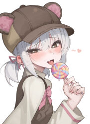  1girl absurdres animal_hat brown_eyes brown_hair food gi_myeong_02 grey_hair hat heart highres holding holding_food holding_popsicle looking_at_viewer original popsicle sidelocks simple_background solo tongue tongue_out upper_body white_background 
