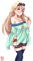  1girl artist_logo bike_shorts bismarck_(kancolle) black_shorts blonde_hair blue_eyes blue_hairband blue_shirt blue_thighhighs blush bracelet commentary_request cosplay cowboy_shot dated earrings embarrassed endou_aya eyewear_on_head female_focus hairband highres jewelry kanon_(kurogane_knights) kantai_collection logo long_hair look-alike macross macross_frontier macross_frontier:_itsuwari_no_utahime necklace off_shoulder profile sheryl_nome sheryl_nome_(cosplay) shirt shorts simple_background single_earring solo standing thighhighs voice_actor_connection white_background 