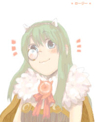  1girl alchemist_(ragnarok_online) blue_eyes blush brown_cape cape closed_mouth commentary_request cone_horns dress fake_horns fur_collar green_hair grey_dress horns long_hair looking_at_viewer lowres monocle notice_lines ragnarok_online rimless_eyewear round_eyewear smile solo strapless strapless_dress upper_body waya_(takaomi777) white_horns 