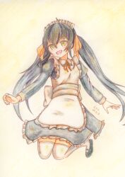  1girl absurdres alternate_costume apron black_dress black_hair child colored_pencil_(medium) dress enmaided full_body hair_between_eyes highres idolmaster idolmaster_cinderella_girls iraren_san long_hair long_sleeves maid maid_apron maid_headdress matoba_risa open_mouth scan simple_background solo thighhighs traditional_media twintails very_long_hair watercolor_pencil_(medium) white_apron white_thighhighs yellow_eyes 