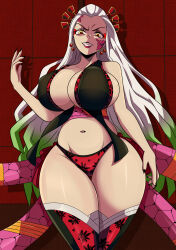  1girl absurdres breasts cleavage curvy daki_(kimetsu_no_yaiba) demon_girl fangs female_focus fingernails full_body green_eyes green_hair hair_ornament hair_stick highres huge_breasts japanese_clothes kimetsu_no_yaiba kimono lipstick long_hair looking_at_viewer makeup midriff multicolored_hair nail_polish navel no_bra obi sash sharp_fingernails sideboob skindentation solo sonson-sensei thick_thighs thigh_gap thighhighs thighs two-tone_hair very_long_hair white_hair wide_hips 