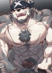 1boy abs animal_ears another_eidos-r bandana bara bare_pectorals biceps black_bandana blush bulge collarbone cross_scar erection erection_under_clothes fangs frottage full_house_(another_eidos) furry furry_male grey_fur highres looking_at_viewer male_focus muscular muscular_male nipple_piercing nipples open_mouth pectorals penis piercing precum sawch_cls scar wolf_boy wolf_ears yaoi 