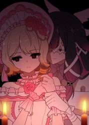  blonde_hair candle columbina_(genshin_impact) crazy_eyes dress drill_hair drill_sidelocks flower flower_in_eye genshin_impact holding_another&#039;s_wrist original pink_dress pink_flower pippicetta rosetta_(pippicetta) sidelocks split_mouth symbol_in_eye 