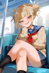  1girl absurdres bag bags_under_eyes black_socks blonde_hair blue_sailor_collar blunt_bangs boku_no_hero_academia cameltoe cardigan commentary crossed_legs double_bun hair_bun highres kneehighs long_sleeves looking_at_viewer messy_hair miniskirt narrowed_eyes neckerchief panties red_neckerchief sailor_collar school_bag sitting skirt slit_pupils smile socks solo_focus symbol-only_commentary toga_himiko train_interior underwear white_panties yellow_cardigan yellow_eyes zd_(pixiv6210083)  rating:Questionable score:70 user:danbooru