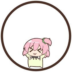  &gt;_&lt; 1girl :3 assault_lily black_border black_ribbon border chibi clover_hair_ornament commentary facing_viewer four-leaf_clover_hair_ornament full_body hair_between_eyes hair_ornament hands_up hitotsuyanagi_riri lowres masaki_itsuki neck_ribbon one_side_up onesie open_mouth outstretched_arms pink_hair ribbon round_border round_image school_uniform short_hair simple_background smile solo standing transparent_background white_background yurigaoka_girls_academy_school_uniform 