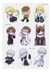  3boys adjusting_eyewear age_progression aizen_sousuke black-framed_eyewear black_hakama black_kimono bleach bleach:_sennen_kessen-hen bleach:_turn_back_the_pendulum blonde_hair blue_eyes blunt_bangs blunt_ends bob_cut border brown_eyes brown_hair chibi chibi_only child closed_mouth commentary_request eyepatch fighting_stance food glasses grey_background grey_hair grin hair_between_eyes hakama hand_on_own_hip hand_up hands_in_pockets haori highres hirako_shinji holding holding_food holding_sword holding_weapon ichimaru_gin japanese_clothes katana kimono korean_commentary kuni_929 long_sleeves looking_at_viewer male_focus multiple_boys multiple_views official_alternate_costume official_alternate_hair_length official_alternate_hairstyle one_eye_covered open_mouth parted_lips sakanade_(shikai) shikai short_hair sidelocks simple_background sitting smile spiked_hair standing straight_hair sword taichou_haori teeth tsurime twitter_username unusually_open_eyes v-shaped_eyebrows waving weapon white_border wide_sleeves 
