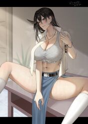  1girl absurdres artist_name belt belt_buckle black_belt black_hair bracelet breasts brown_eyes buckle cleavage clothes_writing collarbone collared_shirt commentary dated desk door double-parted_bangs english_commentary grey_skirt grey_sports_bra hair_between_eyes highres hot huge_breasts indoors jewelry kneehighs letterboxed light_blush linea_alba long_bangs long_hair looking_ahead midriff navel necklace on_desk open_clothes open_shirt original outside_border panties panty_peek parted_lips pearl_bracelet pearl_necklace pelvic_curtain school_uniform shirt short_sleeves side_slit sitting skirt socks sports_bra spread_legs steam steaming_body sweat thighs underwear underwear_writing white_panties white_shirt white_socks wing_collar zaenathi 